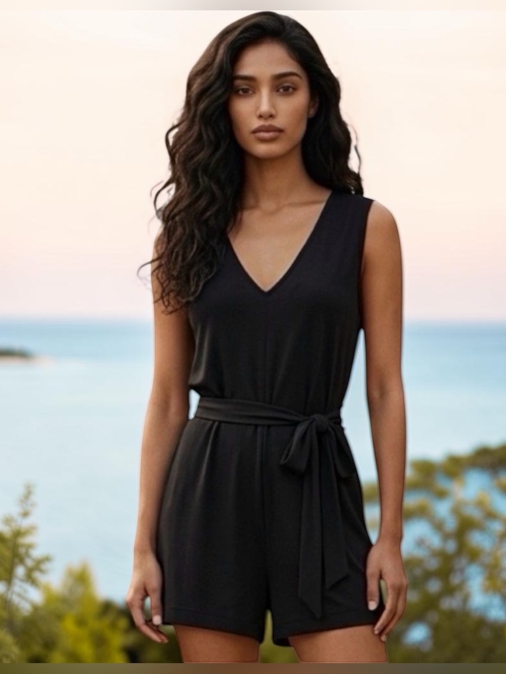 NWT Mango Black Belted V-Neck Romper Size Medium